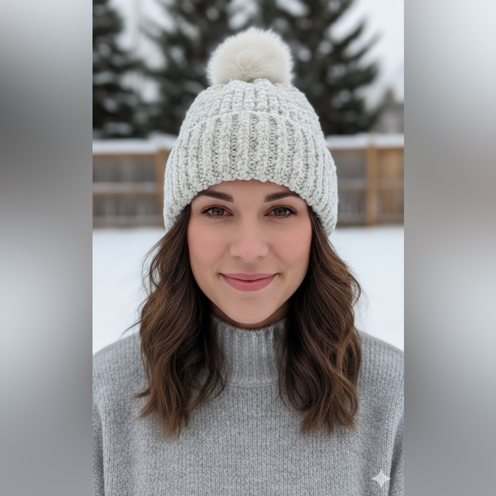 K.Studio Speckled Grey Chunky Knit Beanie Toque Faux Fur Pom Pom Women’s S